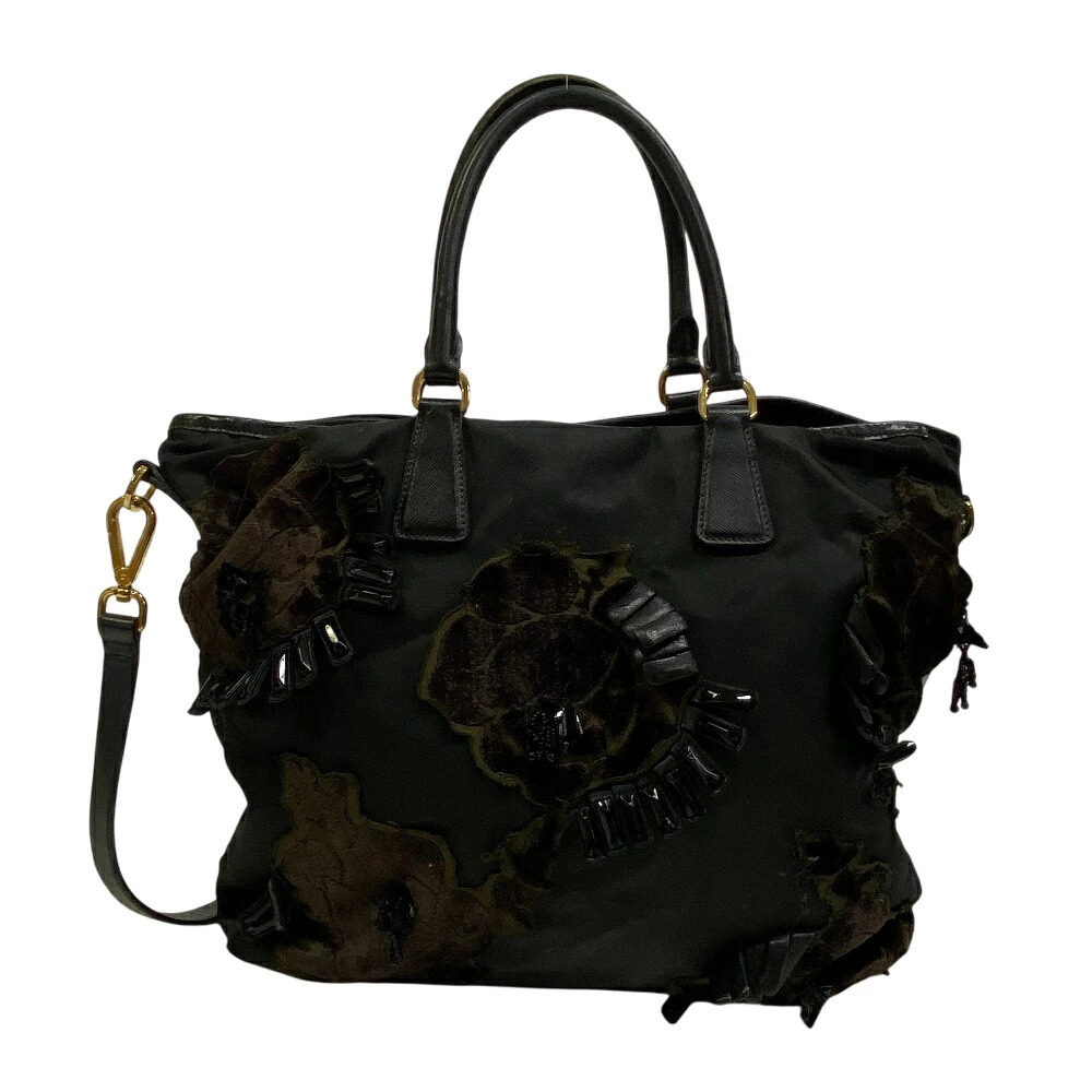 Prada Flower Beaded Crossbody Bag Black Shoulder Plate Triangle